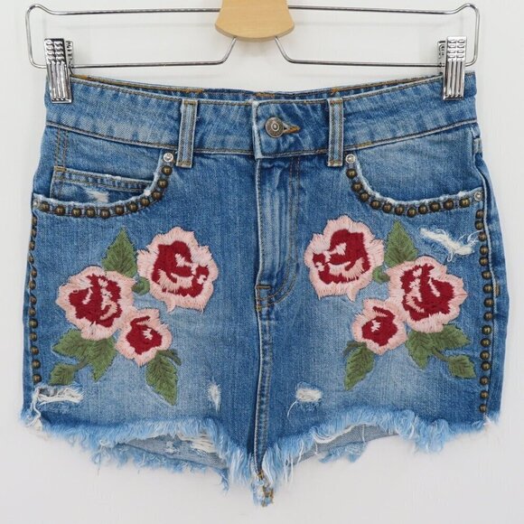 Free People Wild Rose 24 Emrboidered Floral Studded Raw Hem Denim Jean Skirt - Picture 9 of 10